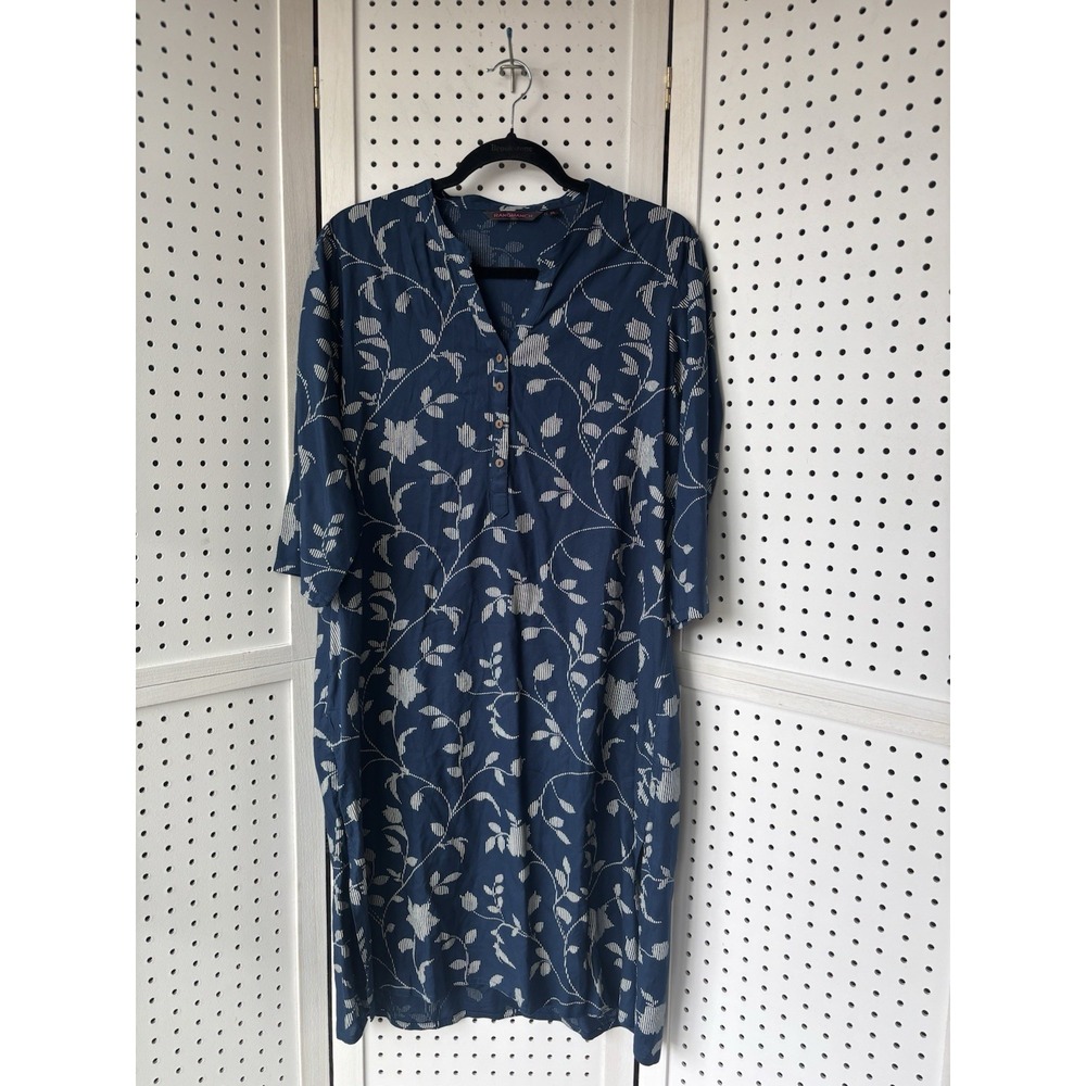 Rang Manch Women's XL Viscose Navy Blue Floral Button V Neck Tunic Dress 3/4SLV
